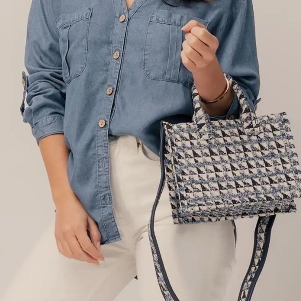 Anthropologie Tweed Denim Mini Purse 2 Piece Set Triangular Fringe Pattern
